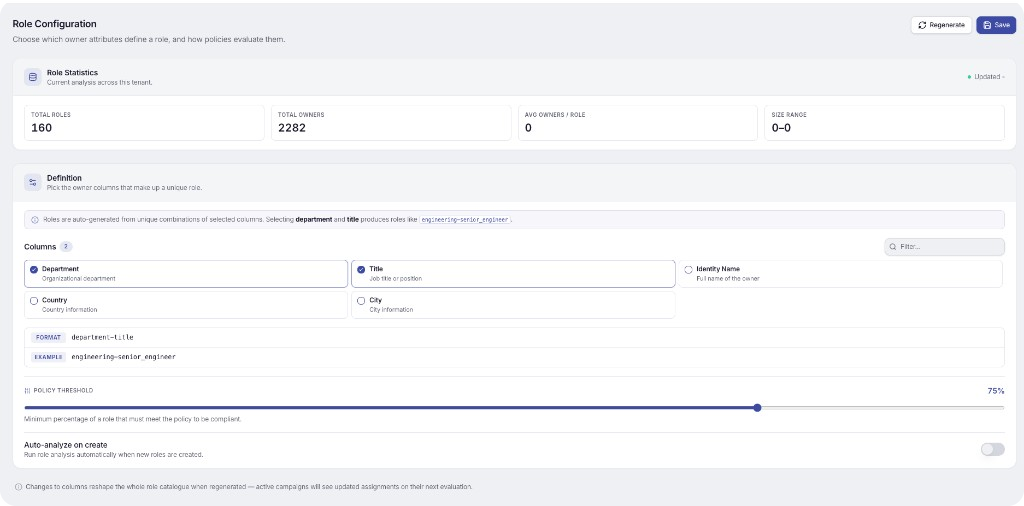 Role Configuration in Hydden, showing the selected owner attributes and the 75 percent policy threshold