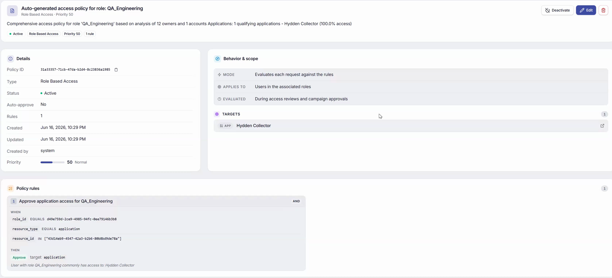 An auto-generated access policy for the QA_Engineering role, based on an analysis of 12 owners, with a rule approving access to the Hydden Collector application