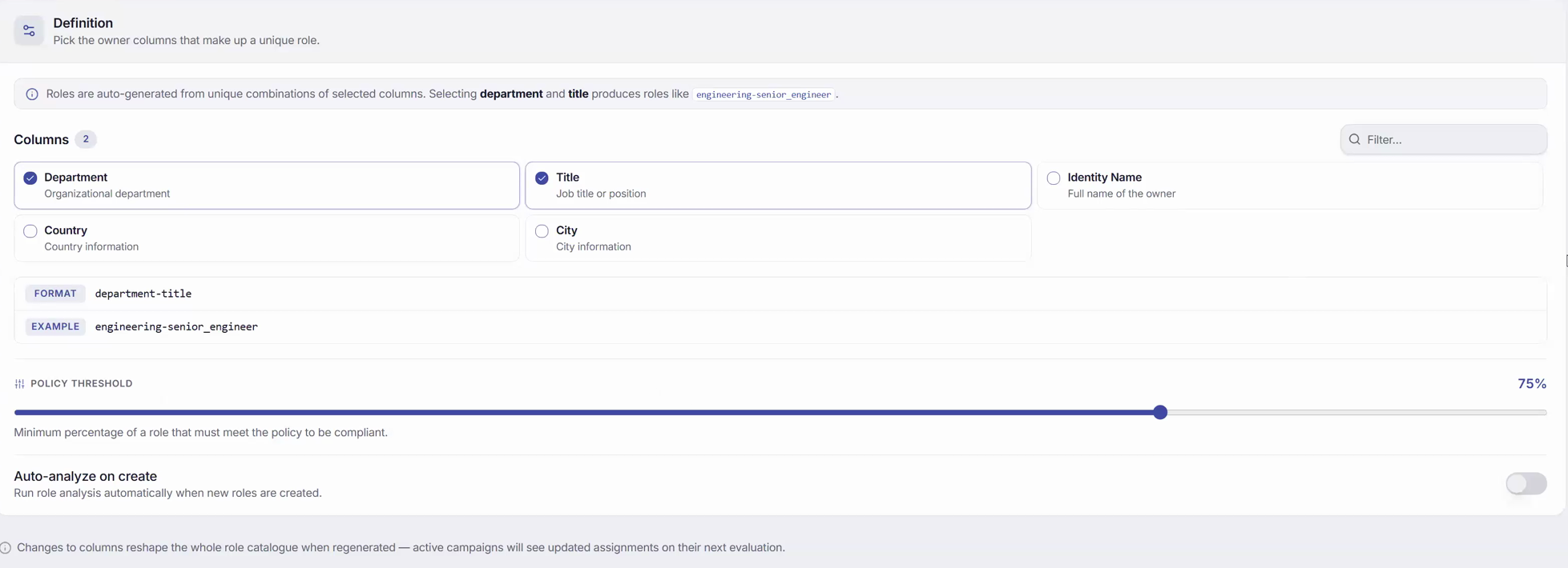 Role definition screen showing department and title selected as the columns that form a job function, with a policy threshold slider set to 75 percent