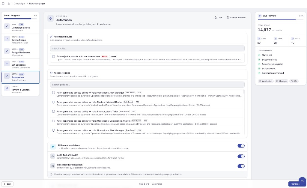 The automation step of a Hydden access review campaign, listing auto-generated access policies by Role
